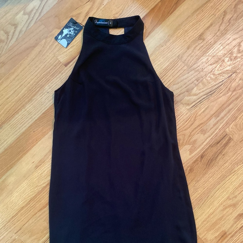 Halter black dress with raw lace hem